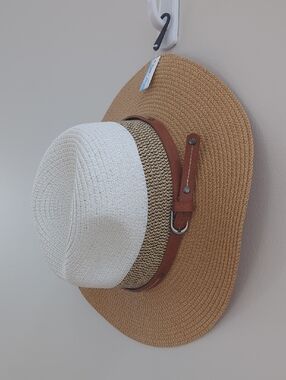 Straw Hat with Brown Leather Band - White & Tan